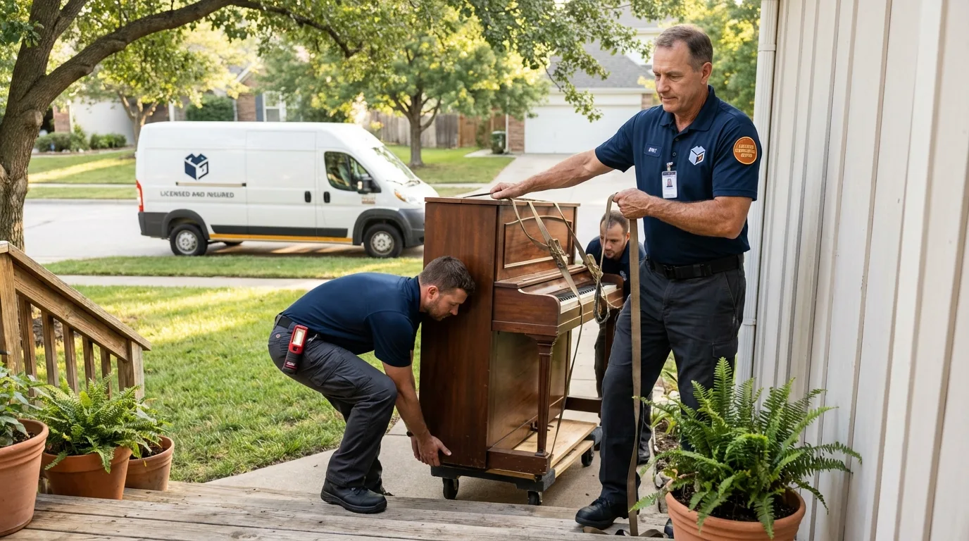 Licensed piano movers securing grand piano in Tunkhannock, PA