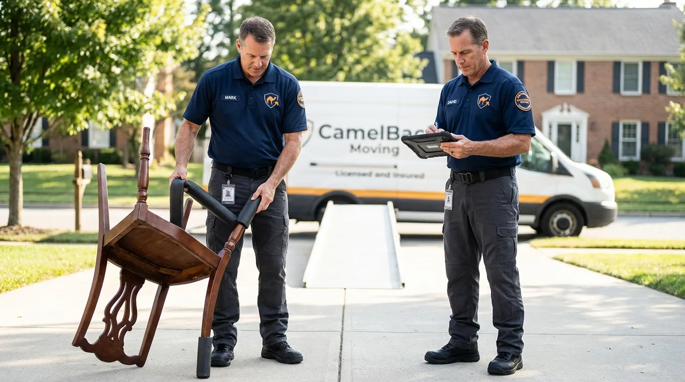 Movers inspecting furniture for damage prevention before loading in Tunkhannock, PA